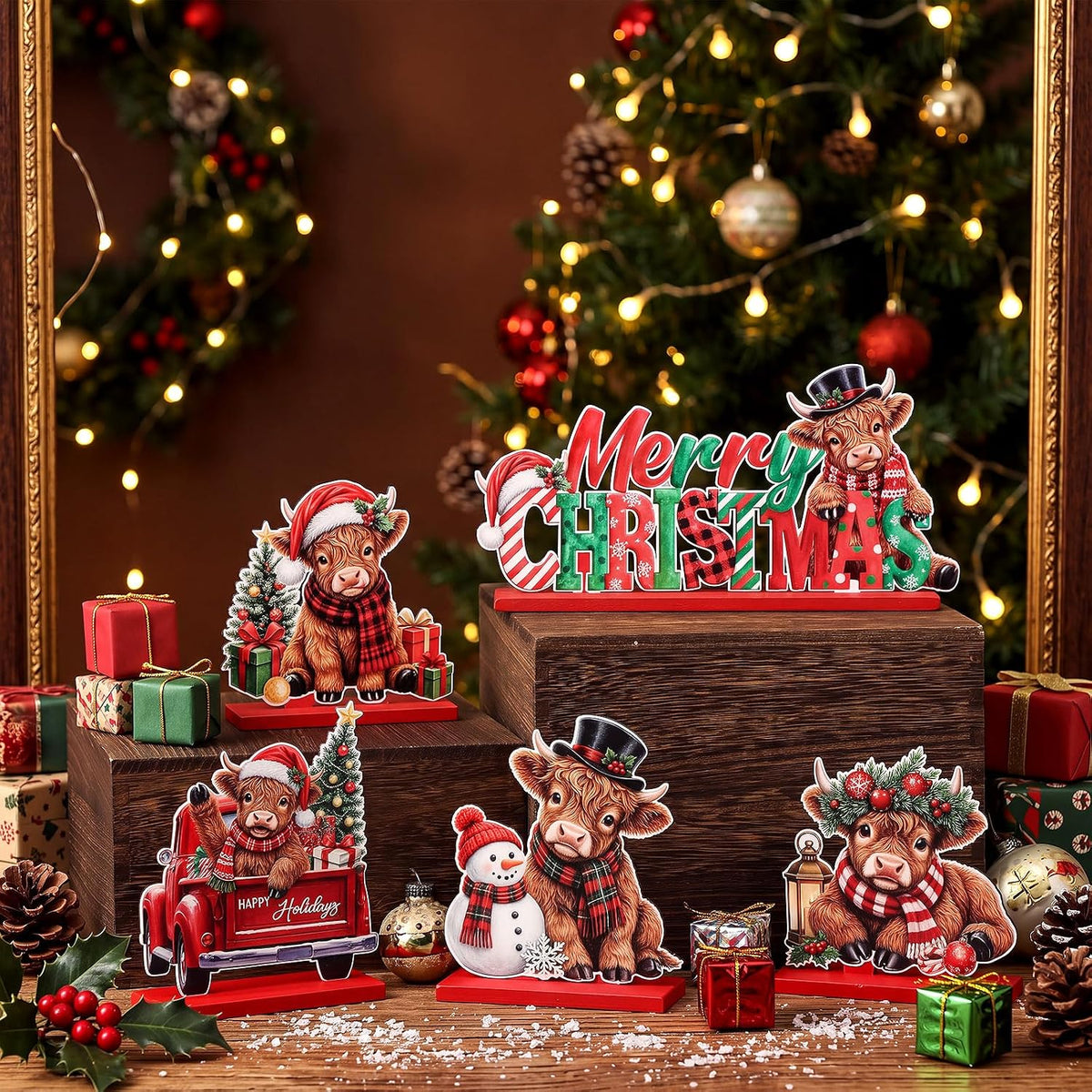 Sliner 5 Pcs Christmas Highland Cow Table Signs Wooden Tabletop Decor