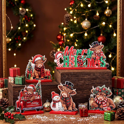 Sliner 5 Pcs Christmas Highland Cow Table Signs Wooden Tabletop Decor