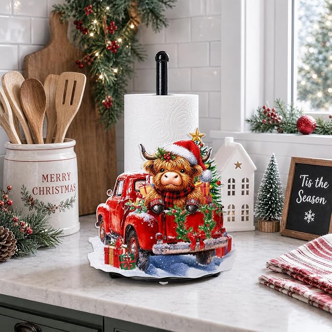Christmas Highland Cow Paper Towel Holder, Farmhouse Xmas Kitchen Countertop