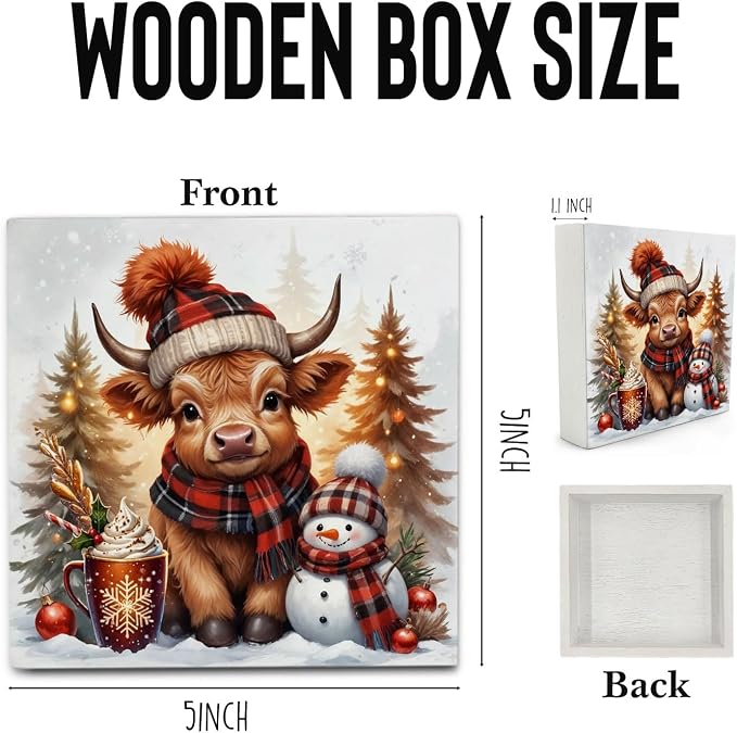 Christmas Highland Cow Wooden Box Sign Desk Decor, Highland Cow Christmas