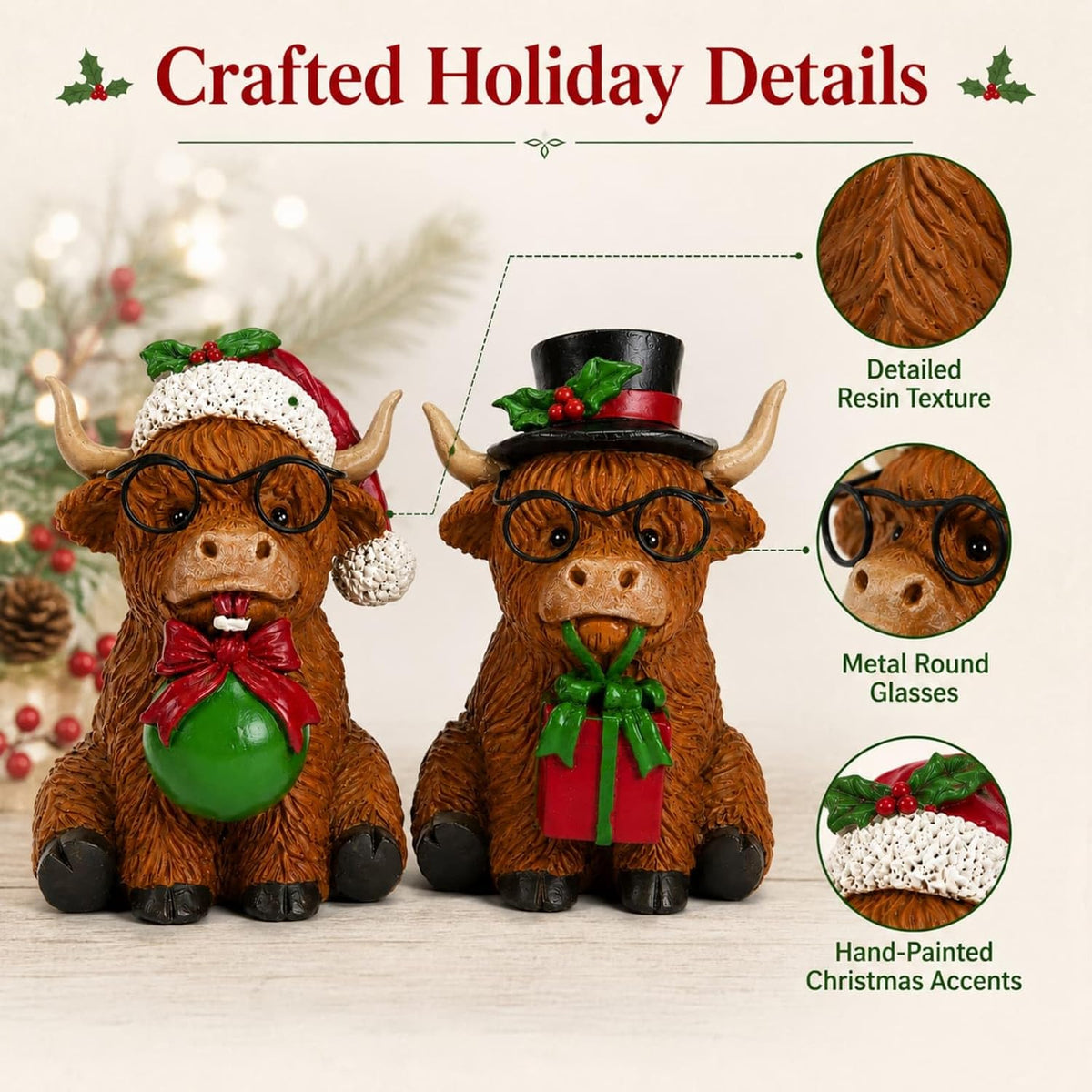 2Pcs Highland Cow Christmas Decor Figurines for Table, Shelf, Tray