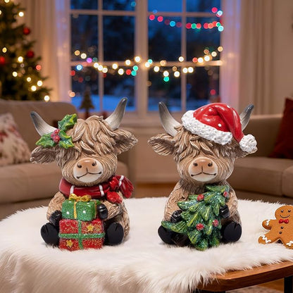 Hodao 2PCS Christmas Highland Cow Figurines, Xmas Holiday Mantel Decor