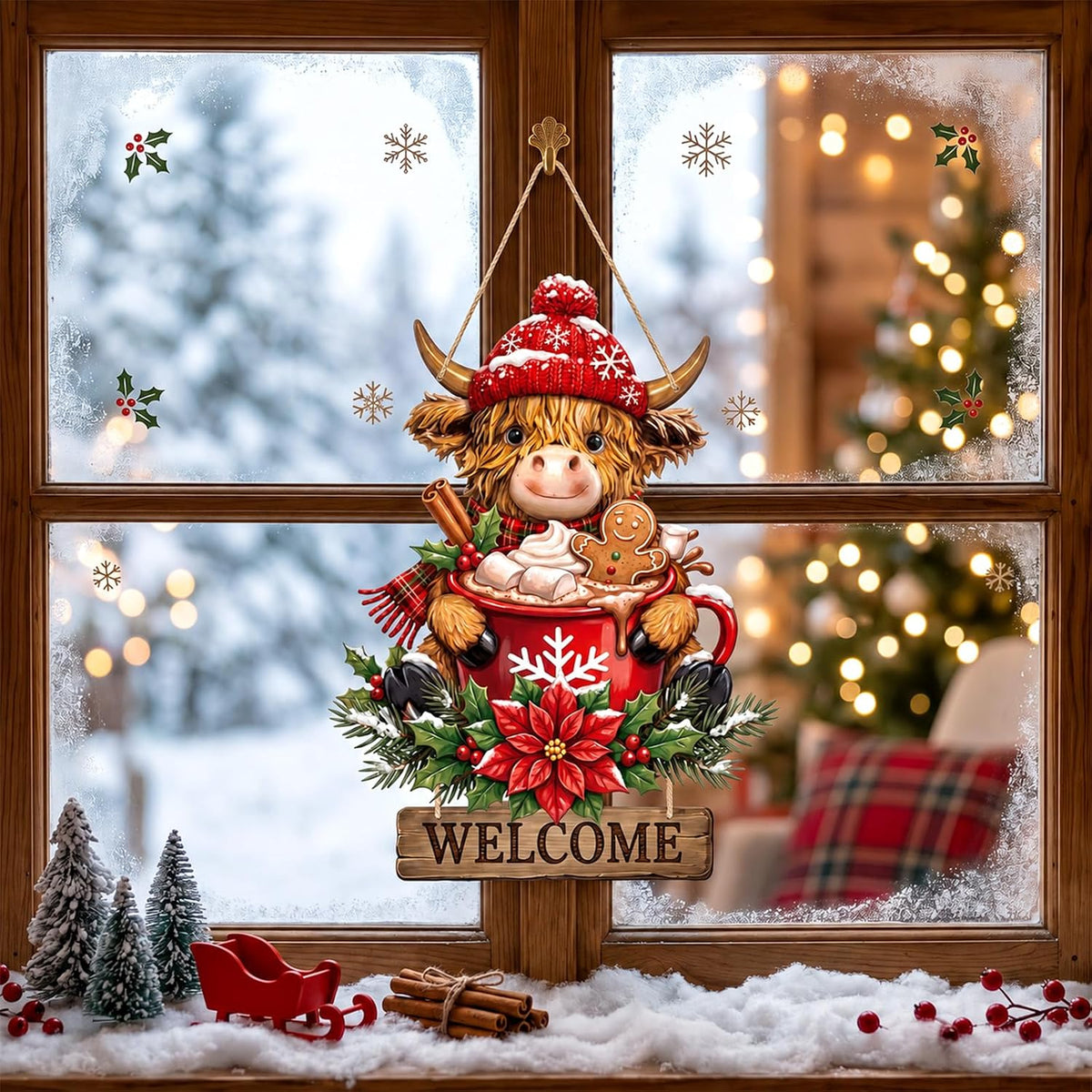 Anglechic Christmas Highland Cow Welcome Door Sign, 13.58 x 9.45 Inches