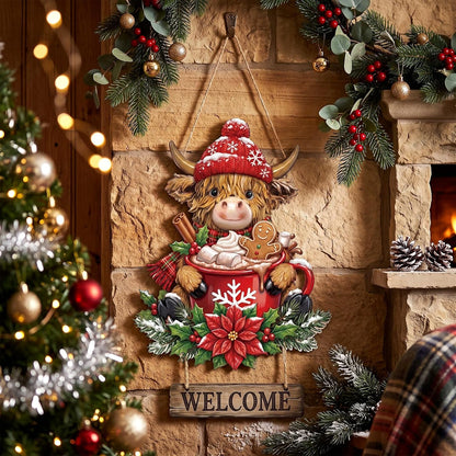 Anglechic Christmas Highland Cow Welcome Door Sign, 13.58 x 9.45 Inches