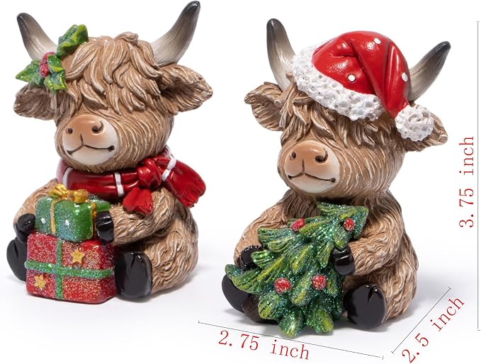Hodao 2PCS Christmas Highland Cow Figurines, Xmas Holiday Mantel Decor