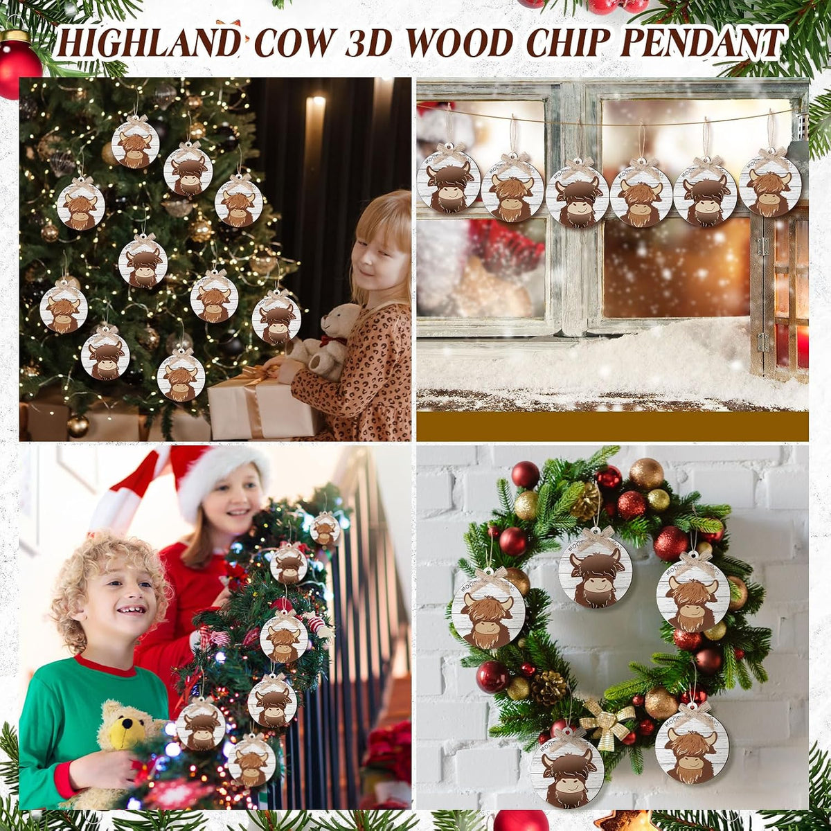 Geelin 12 Pcs Highland Cow Christmas Ornaments, 3D Wooden Tree Decorations