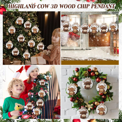 Geelin 12 Pcs Highland Cow Christmas Ornaments, 3D Wooden Tree Decorations