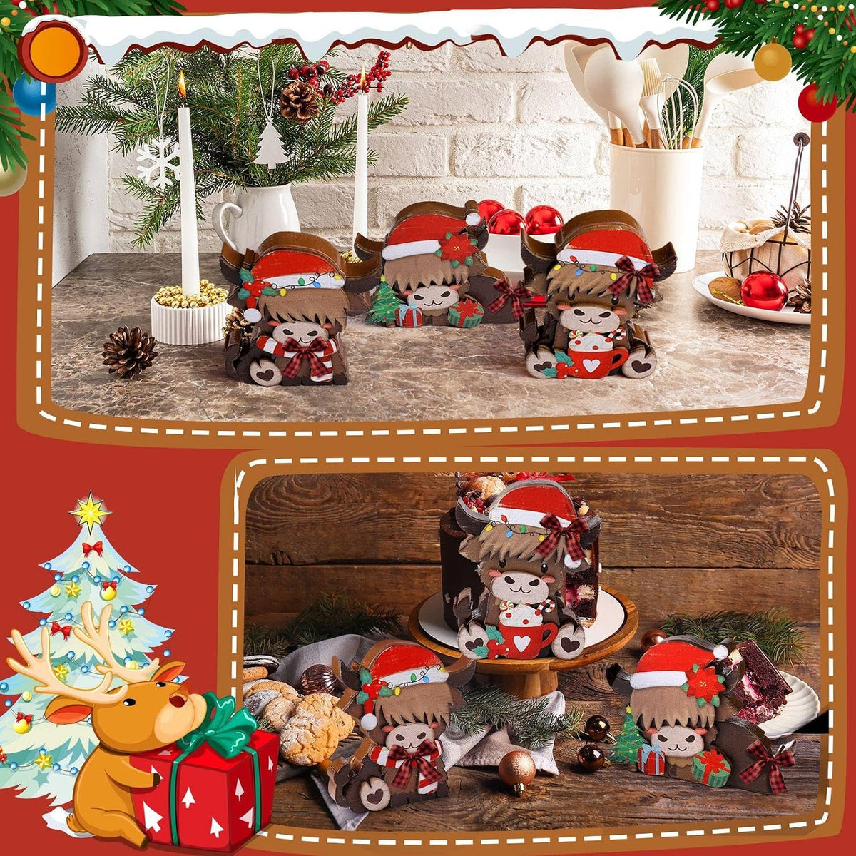 GlikCeil 3 Pcs Christmas Highland Cow Table Decorations Wood Centerpiece