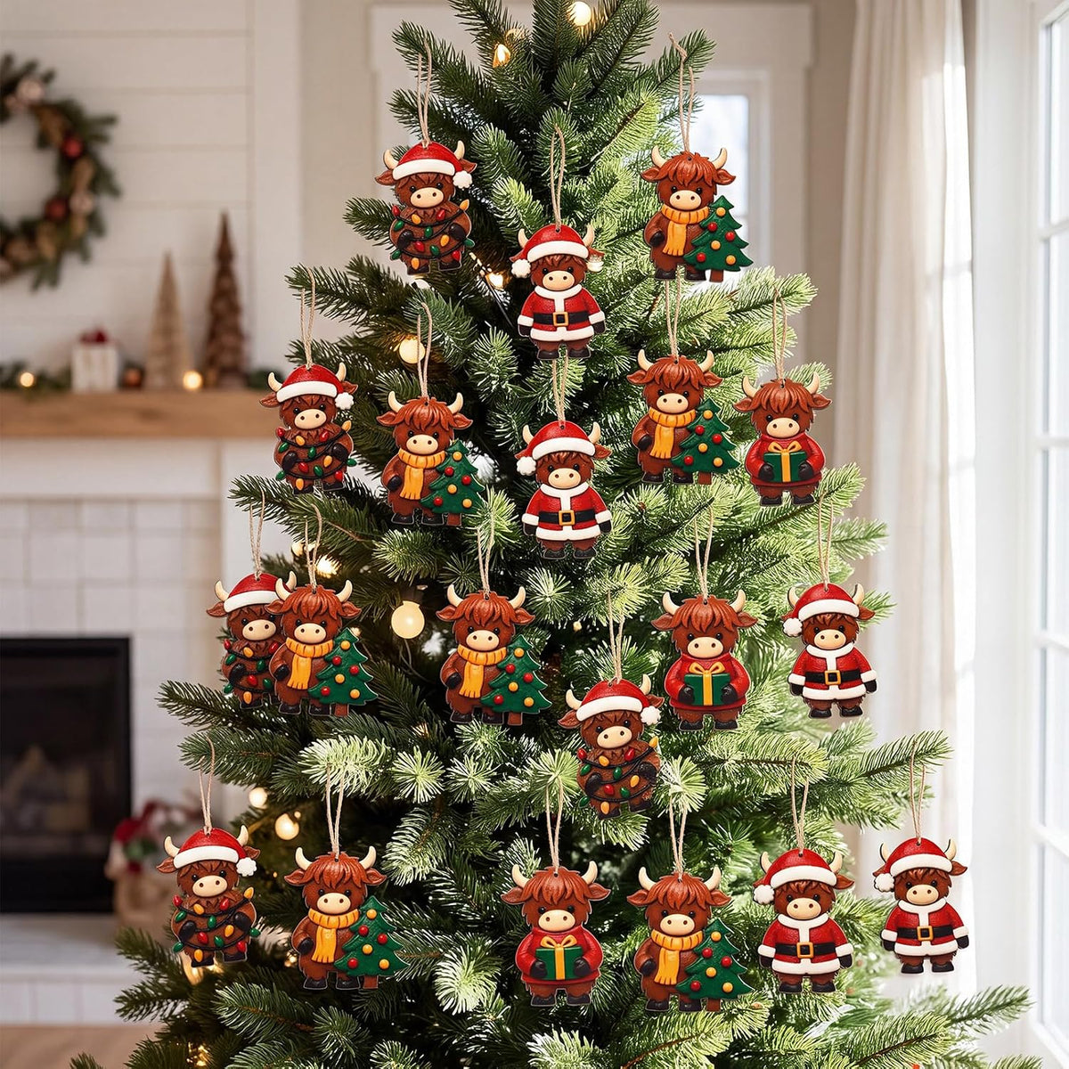 24 Pcs Highland Cow Christmas Ornaments Wooden Farmhouse Tree Decorations