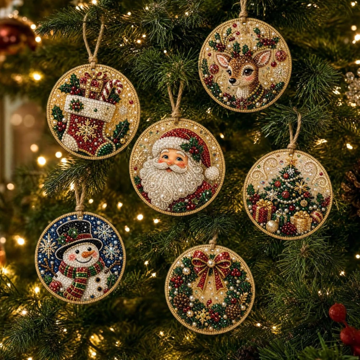 iekufes DIY Diamond Art Christmas Wooden Ornaments Kit 6 Pack