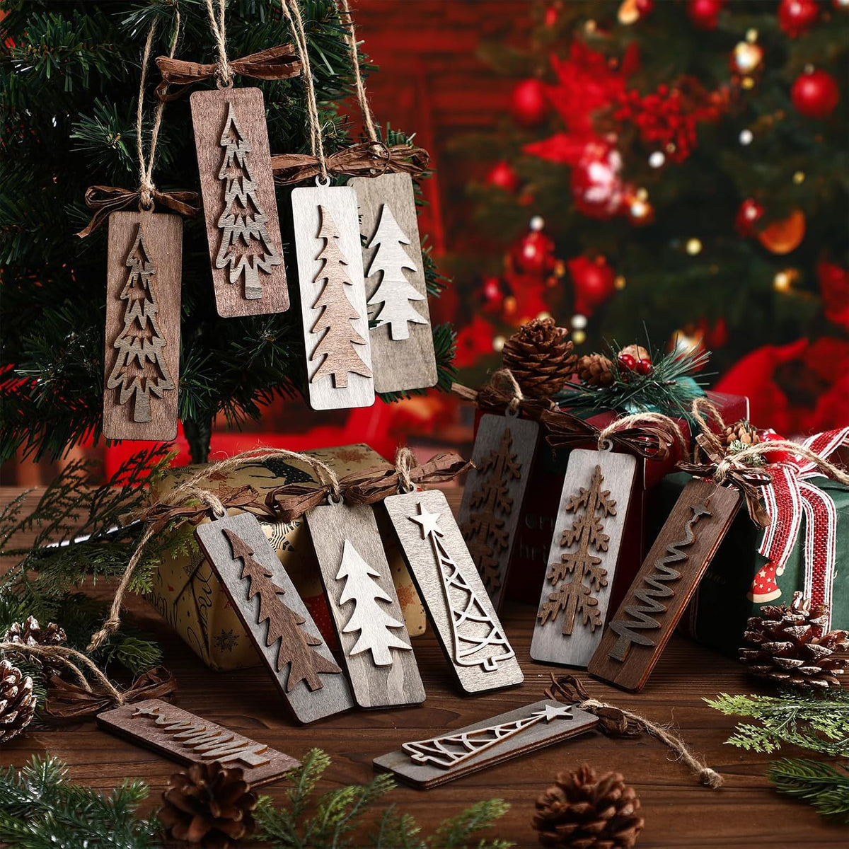 Geelin 12 Pcs Rustic Christmas Wooden Ornaments for Tree Gray Brown Vintage
