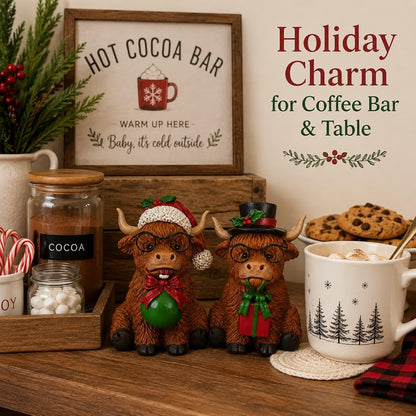 2Pcs Highland Cow Christmas Decor Figurines for Table, Shelf, Tray