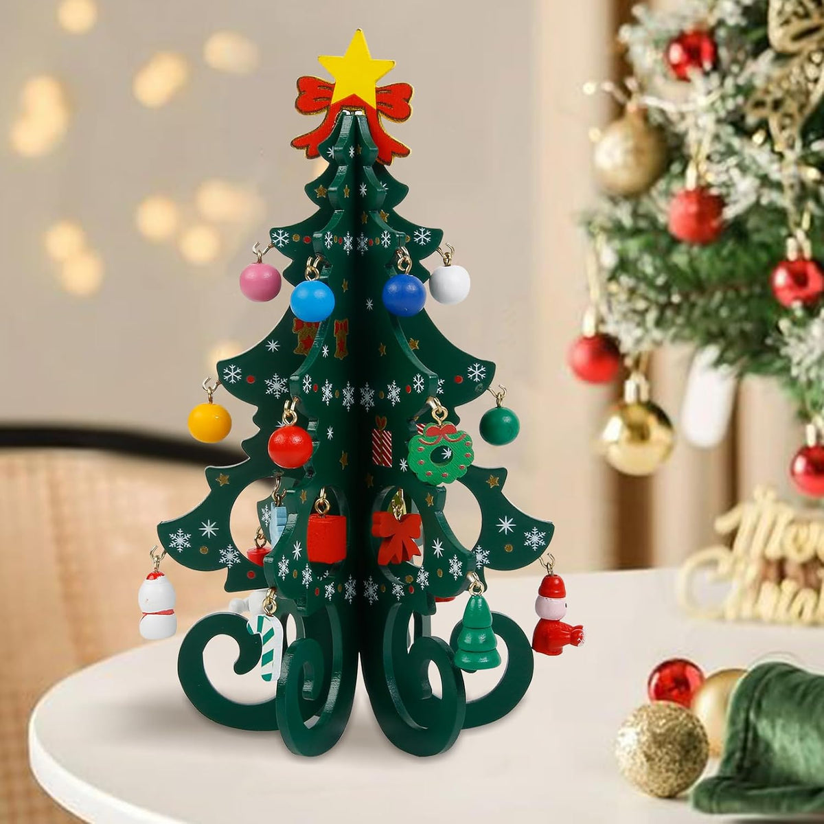 TEBIEKOY DIY Mini Wooden Christmas Tree with Ornaments Set, Cute 7 Inch Small