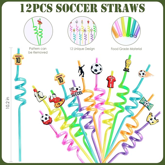 2026 Soccer Party Favors Soccer Goodie Bags Including 12 Soccer Drawstring Bags Stress-relieving Soccer Straws Keychains silicone Wristband and stickers for Soccer Party Gift. (soccer)