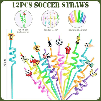 2026 Soccer Party Favors Soccer Goodie Bags Including 12 Soccer Drawstring Bags Stress-relieving Soccer Straws Keychains silicone Wristband and stickers for Soccer Party Gift. (soccer)
