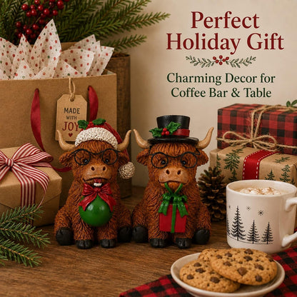 2Pcs Highland Cow Christmas Decor Figurines for Table, Shelf, Tray
