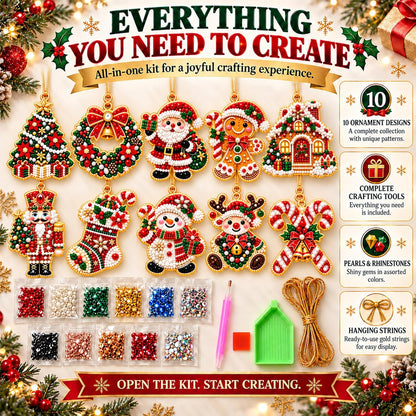 10Pcs DIY Pearl Diamond Art Christmas Ornaments Kit for Adults, Wooden Hanging