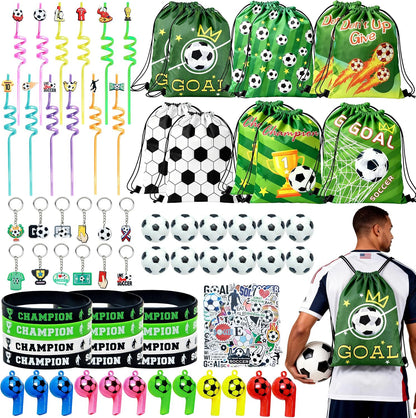2026 Soccer Party Favors Soccer Goodie Bags Including 12 Soccer Drawstring Bags Stress-relieving Soccer Straws Keychains silicone Wristband and stickers for Soccer Party Gift. (soccer)