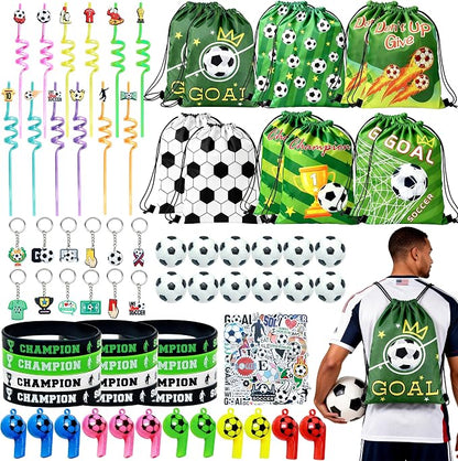 2026 Soccer Party Favors Soccer Goodie Bags Including 12 Soccer Drawstring Bags Stress-relieving Soccer Straws Keychains silicone Wristband and stickers for Soccer Party Gift. (soccer)