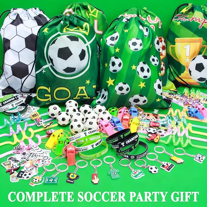 2026 Soccer Party Favors Soccer Goodie Bags Including 12 Soccer Drawstring Bags Stress-relieving Soccer Straws Keychains silicone Wristband and stickers for Soccer Party Gift. (soccer)