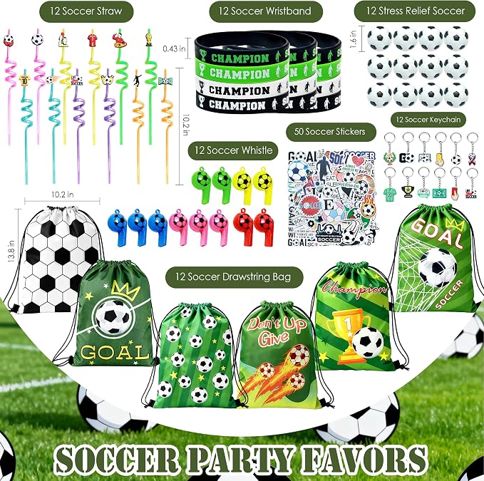 2026 Soccer Party Favors Soccer Goodie Bags Including 12 Soccer Drawstring Bags Stress-relieving Soccer Straws Keychains silicone Wristband and stickers for Soccer Party Gift. (soccer)
