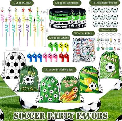 2026 Soccer Party Favors Soccer Goodie Bags Including 12 Soccer Drawstring Bags Stress-relieving Soccer Straws Keychains silicone Wristband and stickers for Soccer Party Gift. (soccer)