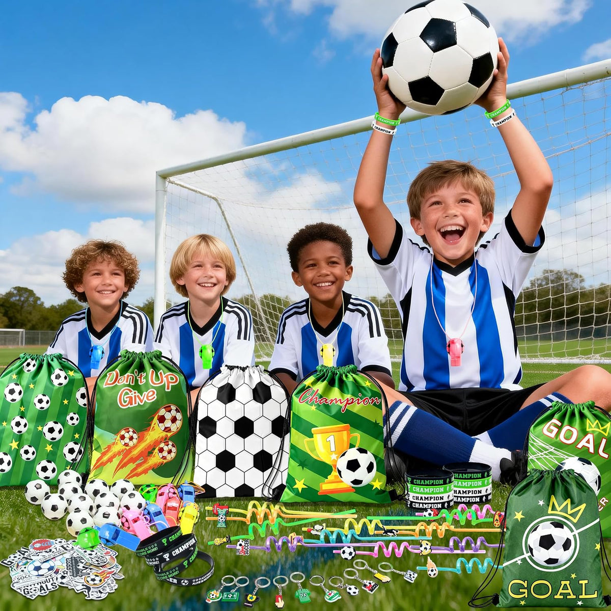 2026 Soccer Party Favors Soccer Goodie Bags Including 12 Soccer Drawstring Bags Stress-relieving Soccer Straws Keychains silicone Wristband and stickers for Soccer Party Gift. (soccer)