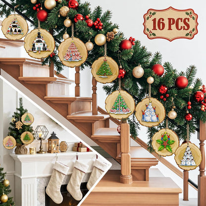 16PCS Rustic Christmas Tree Decorations Xmas Wooden Ornaments Decor