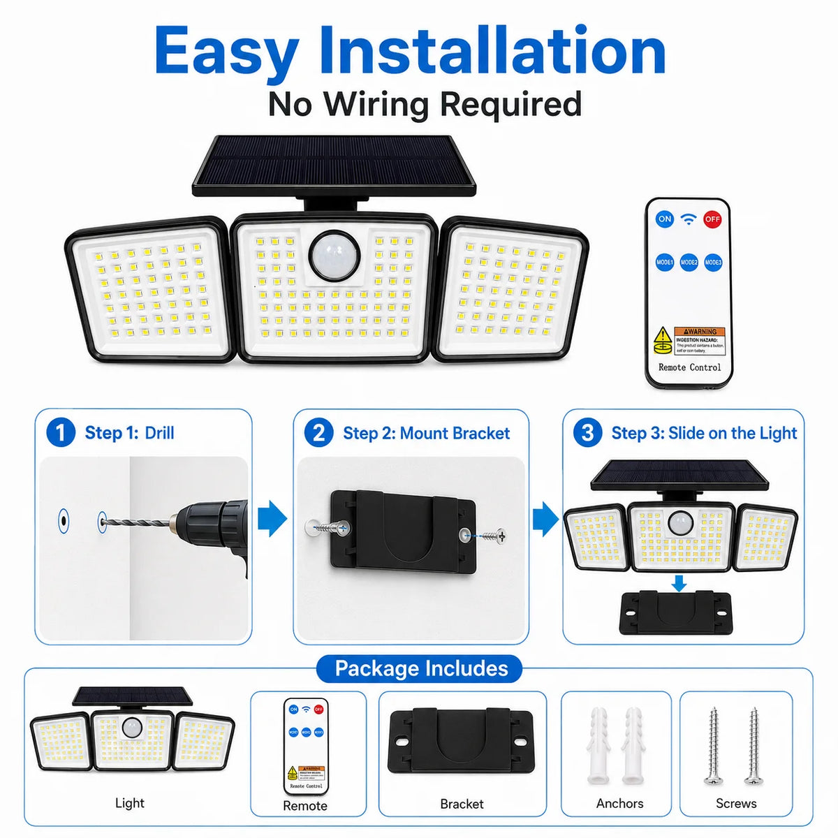 368LED Triple-Head Solar Powered Motion Sensor Outdoor Security Floodlight with Remote Control Waterproof Wall-Mounted Garden Lights for Garage Patio Garden Porch