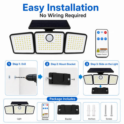 368LED Triple-Head Solar Powered Motion Sensor Outdoor Security Floodlight with Remote Control Waterproof Wall-Mounted Garden Lights for Garage Patio Garden Porch