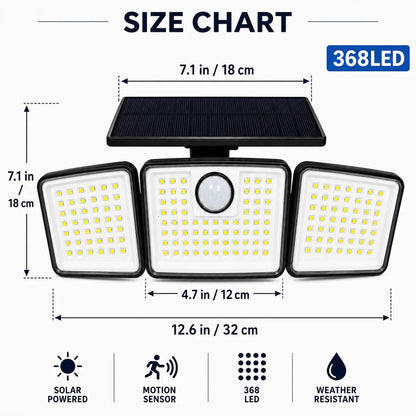 368LED Triple-Head Solar Powered Motion Sensor Outdoor Security Floodlight with Remote Control Waterproof Wall-Mounted Garden Lights for Garage Patio Garden Porch