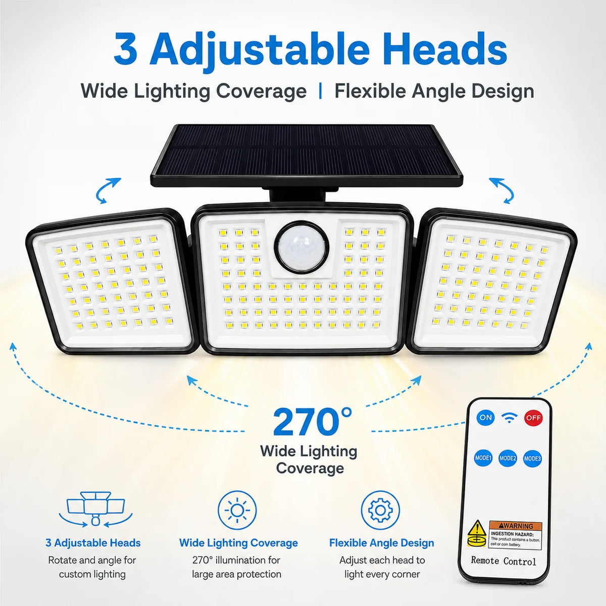 368LED Triple-Head Solar Powered Motion Sensor Outdoor Security Floodlight with Remote Control Waterproof Wall-Mounted Garden Lights for Garage Patio Garden Porch