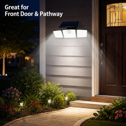 368LED Triple-Head Solar Powered Motion Sensor Outdoor Security Floodlight with Remote Control Waterproof Wall-Mounted Garden Lights for Garage Patio Garden Porch
