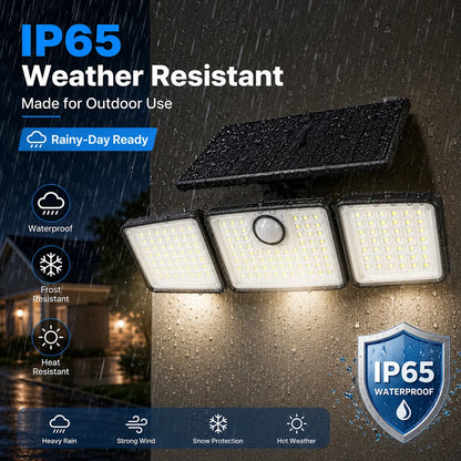 368LED Triple-Head Solar Powered Motion Sensor Outdoor Security Floodlight with Remote Control Waterproof Wall-Mounted Garden Lights for Garage Patio Garden Porch