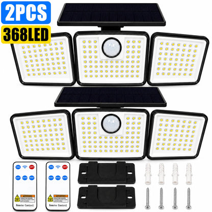 368LED Triple-Head Solar Powered Motion Sensor Outdoor Security Floodlight with Remote Control Waterproof Wall-Mounted Garden Lights for Garage Patio Garden Porch