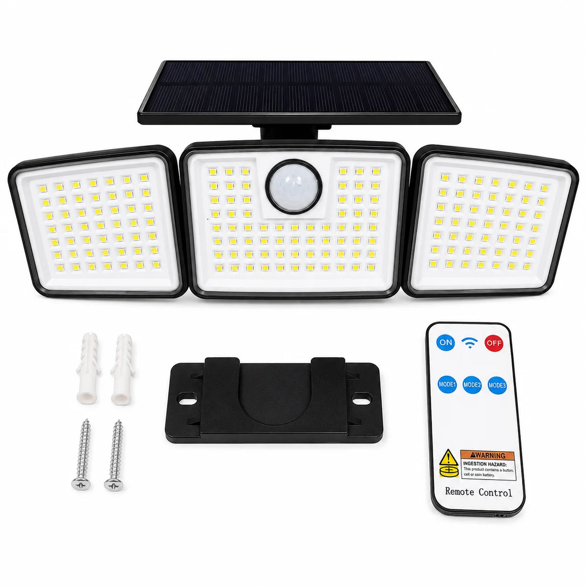 368LED Triple-Head Solar Powered Motion Sensor Outdoor Security Floodlight with Remote Control Waterproof Wall-Mounted Garden Lights for Garage Patio Garden Porch