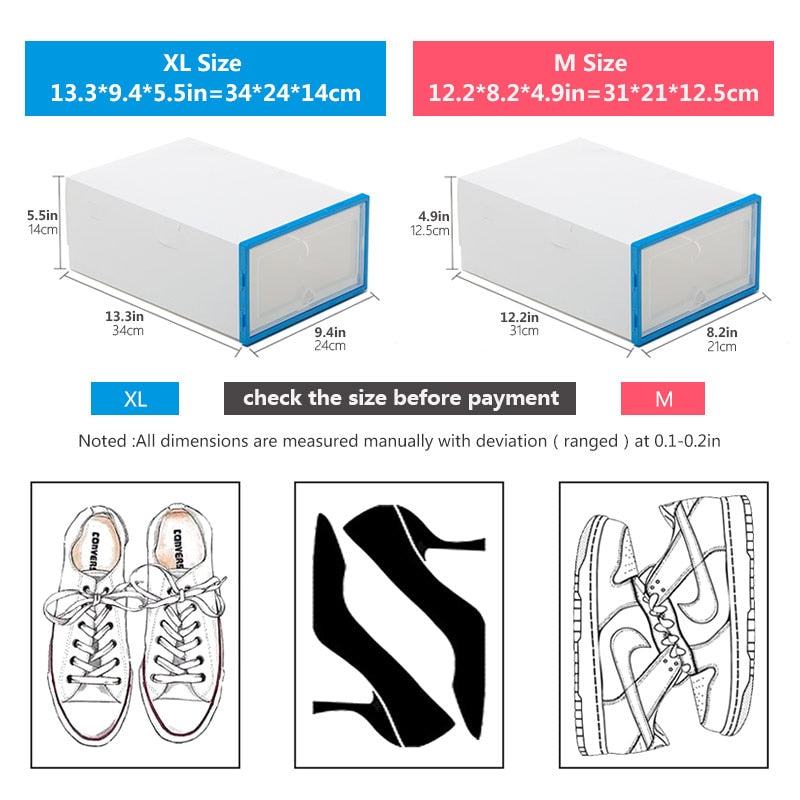 6 Packs Transparent Shoe Box Shoes Organizers Plastic Thickened Foldable Dustproof Storage Box Stackable Shoe Cabinet