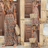 Boho Women V Neck Short Sleeve Paisley Print Belt Large Hem Beach Long Dress print dress summer beach dress with belt