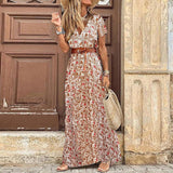 Boho Women V Neck Short Sleeve Paisley Print Belt Large Hem Beach Long Dress print dress summer beach dress with belt