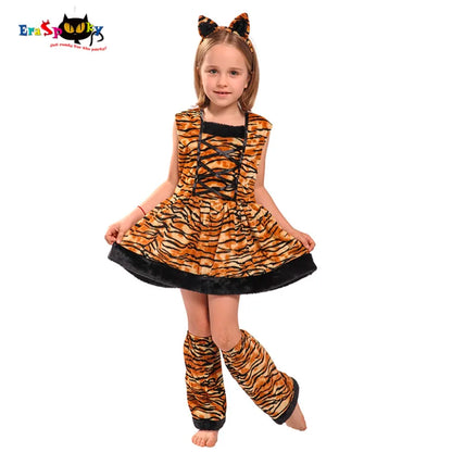 Eraspooky Carnaval Costumes For Girl Cute Head band Girls Cosplay Lovely Halloween Costume Tiger Costume Dress For Girls