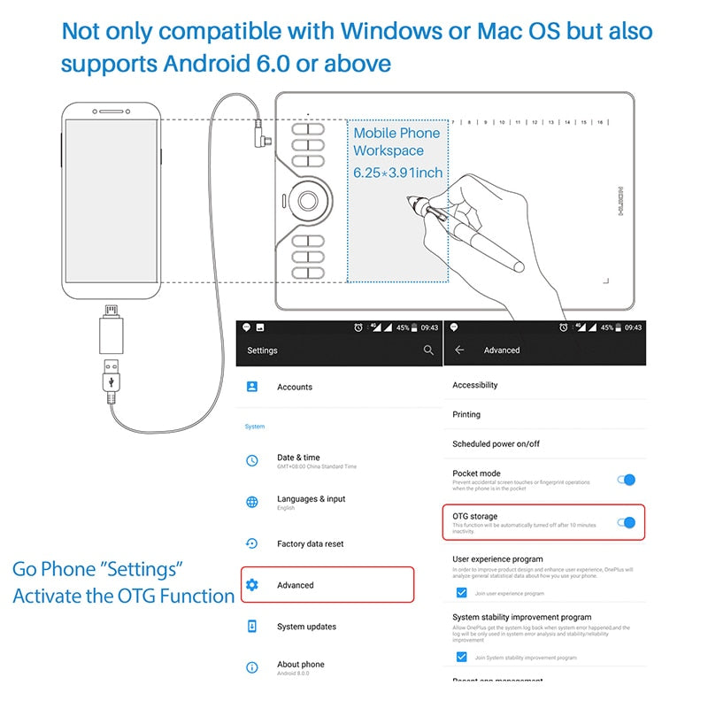 HUION HS610 Graphic Tablets Digital Pen Tablet Phone Drawing Tablet with Tilt OTG Battery-Free Stylus for Android Windows macOS
