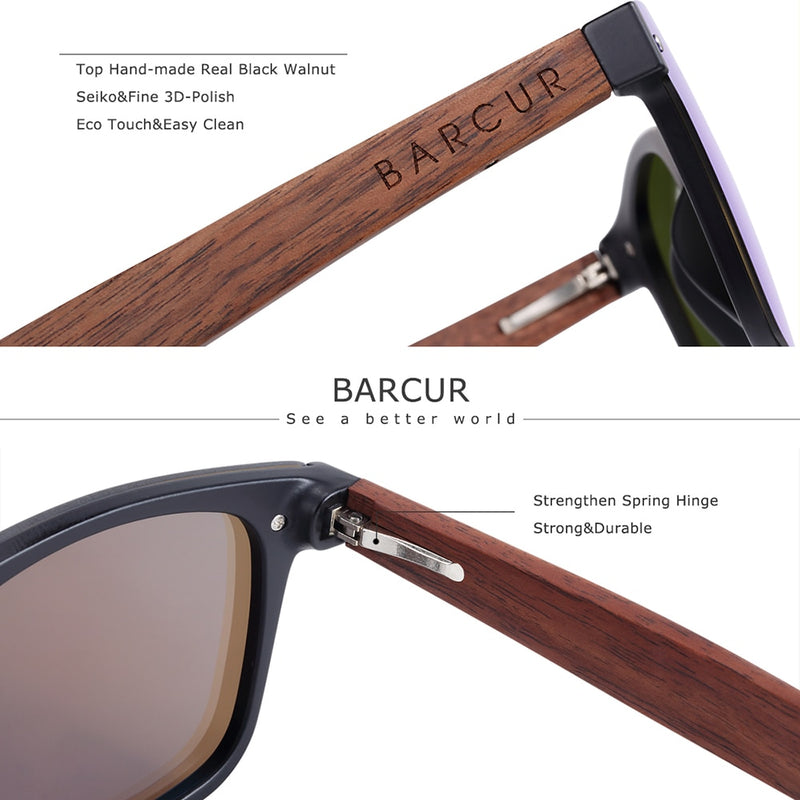 BARCUR Walnut Sunglasses for Men Polarized Wood Sun Glasses UV400 Oculos De Sol Masculino Feminino