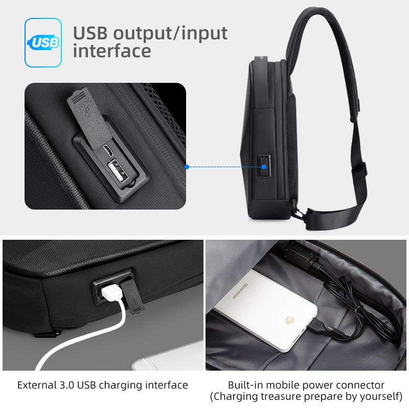Fenruien Men Shoulder Bags Black USB Charging Crossbody Bags Waterproof Casual Travel Messenger Bag Male Fit For 7.9 Inch iPad