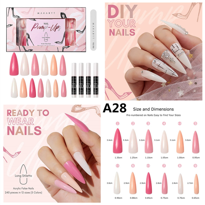 Makartt Acrylic Nail Kit, Press On Nails Set 240pcs Ballerina Nail Tips Full Cover Nude 4pcs Nail Glues 1pcs Nail File Fake Nail