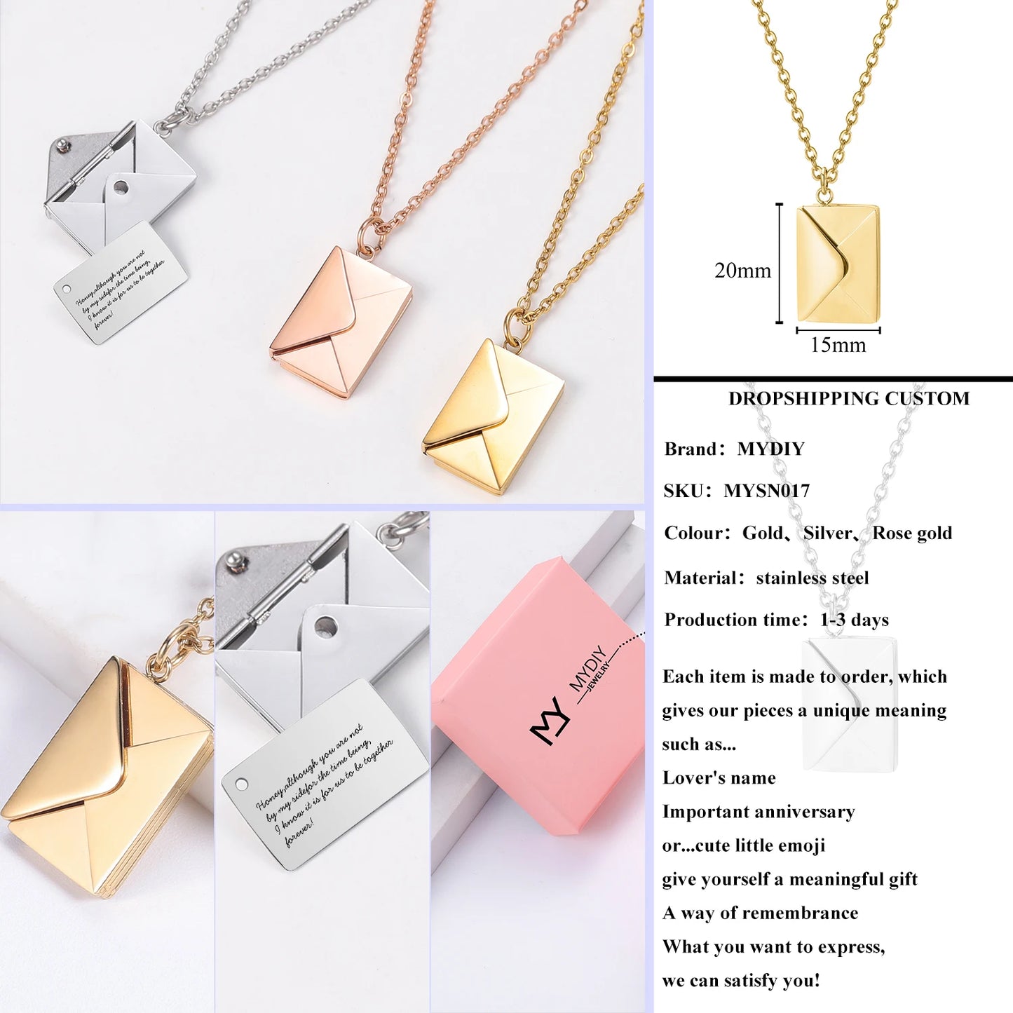 Love Letter Envelope Pendant Necklace Customized Stainless Steel Jewelry Confession Love You for Valentine Day Mother Day Gift