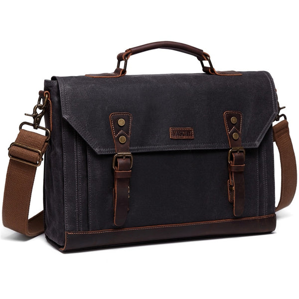 VASCHY Canvas Messenger Bag for Men Vintage Leather Bag Men Waxed Canvas Briefcase Men for 17.3 inch Laptop Office Bags for Men