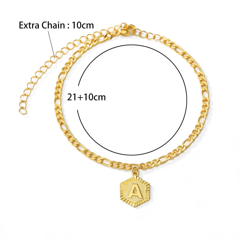 A-Z Initial Letter Anklets For Women Stainless Steel Anklet  21cm + 10cm Figaro Chain Summer Beach Accessories Jewelry Gift