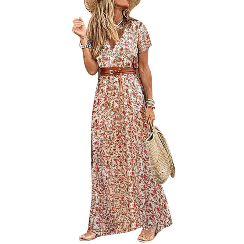 Boho Women V Neck Short Sleeve Paisley Print Belt Large Hem Beach Long Dress print dress summer beach dress with belt