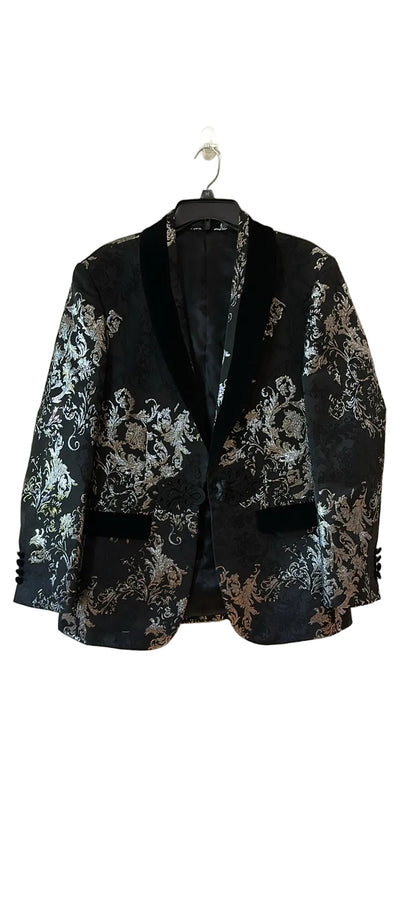 Men's Medium Black and Silver Floral Brocade Blazer with Velvet Lapels - Medium