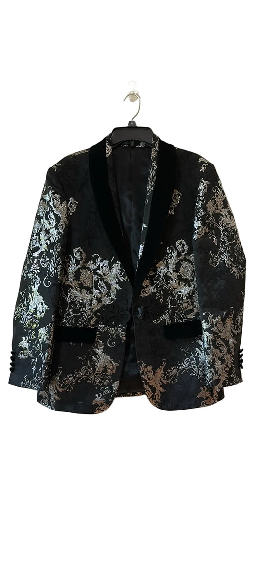 Men's Medium Black and Silver Floral Brocade Blazer with Velvet Lapels - Medium
